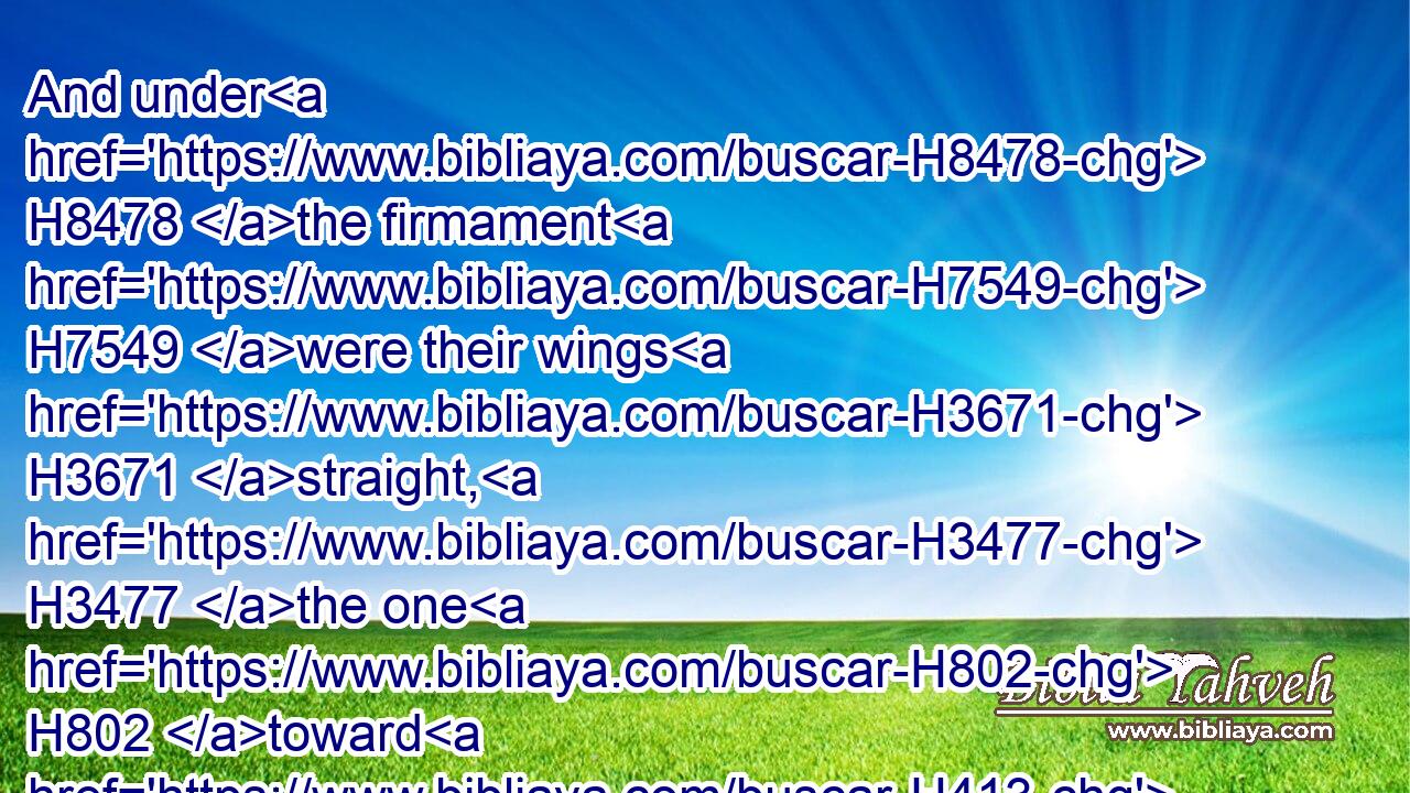 And under H8478 the firmament H7549 were their wings H3671 straight, H3477 the one H802 toward H413 the other: H269 every one H376 had two, H8147 which covered H3680 on this side, H2007 and every one H376 had two, H8147 which covered H3680 on that side, H2007 (H853) their bodies.H1472