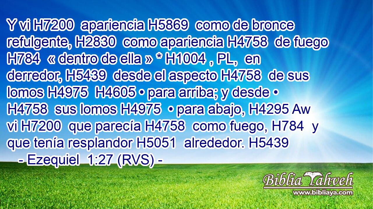 Y vi H7200  apariencia H5869  como de bronce refulgente, H2830  como apariencia H4758  de fuego H784  « dentro de ella » * H1004 , PL,  en derredor, H5439  desde el aspecto H4758  de sus lomos H4975  H4605 • para arriba; y desde • H4758  sus lomos H4975  • para abajo, H4295 Aw vi H7200  que parecía H4758  como fuego, H784  y que tenía resplandor H5051  alrededor. H5439 