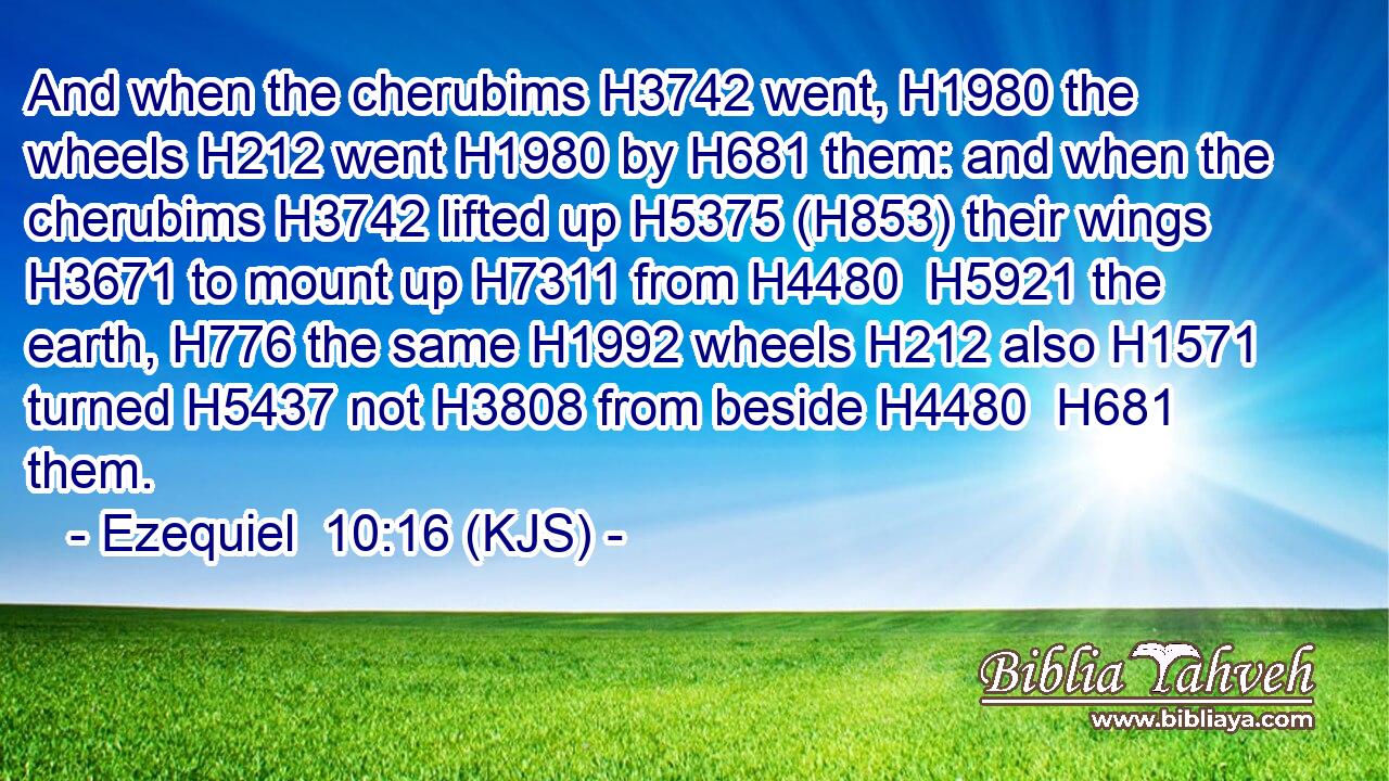 And when the cherubims H3742 went, H1980 the wheels H212 went H1980 by H681 them: and when the cherubims H3742 lifted up H5375 (H853) their wings H3671 to mount up H7311 from H4480  H5921 the earth, H776 the same H1992 wheels H212 also H1571 turned H5437 not H3808 from beside H4480  H681 them.
