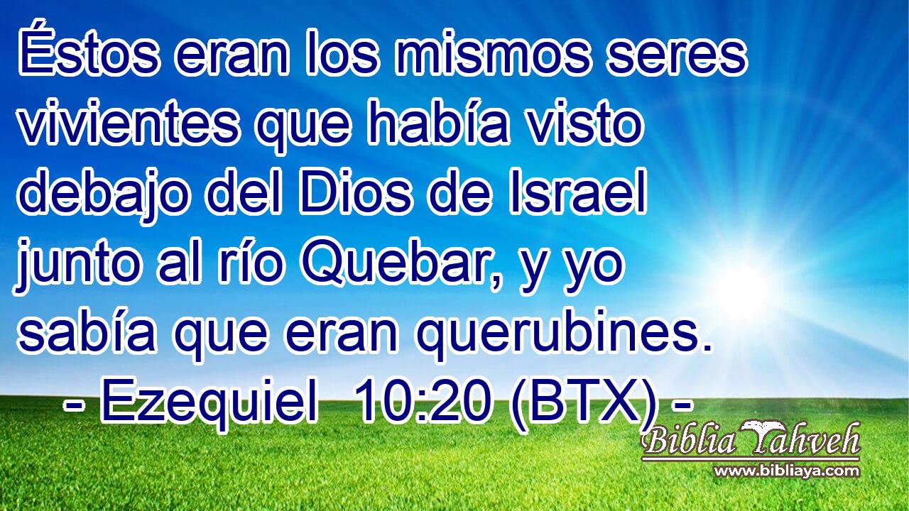 Éstos eran los mismos seres vivientes que había visto debajo del Dios de Israel junto al río Quebar, y yo sabía que eran querubines.