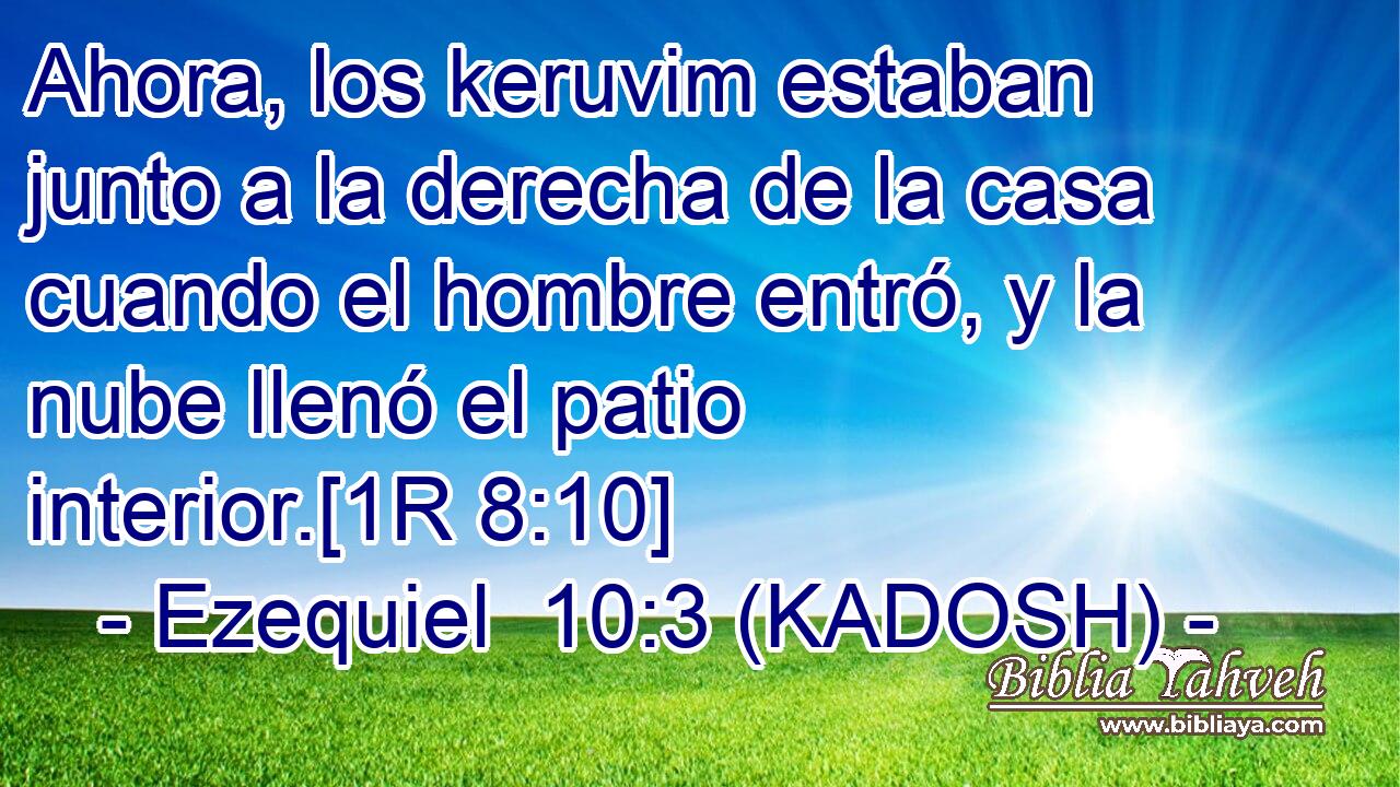  Ahora, los keruvim estaban junto a la derecha de la casa cuando el hombre entró, y la nube llenó el patio interior.[1R 8:10] 