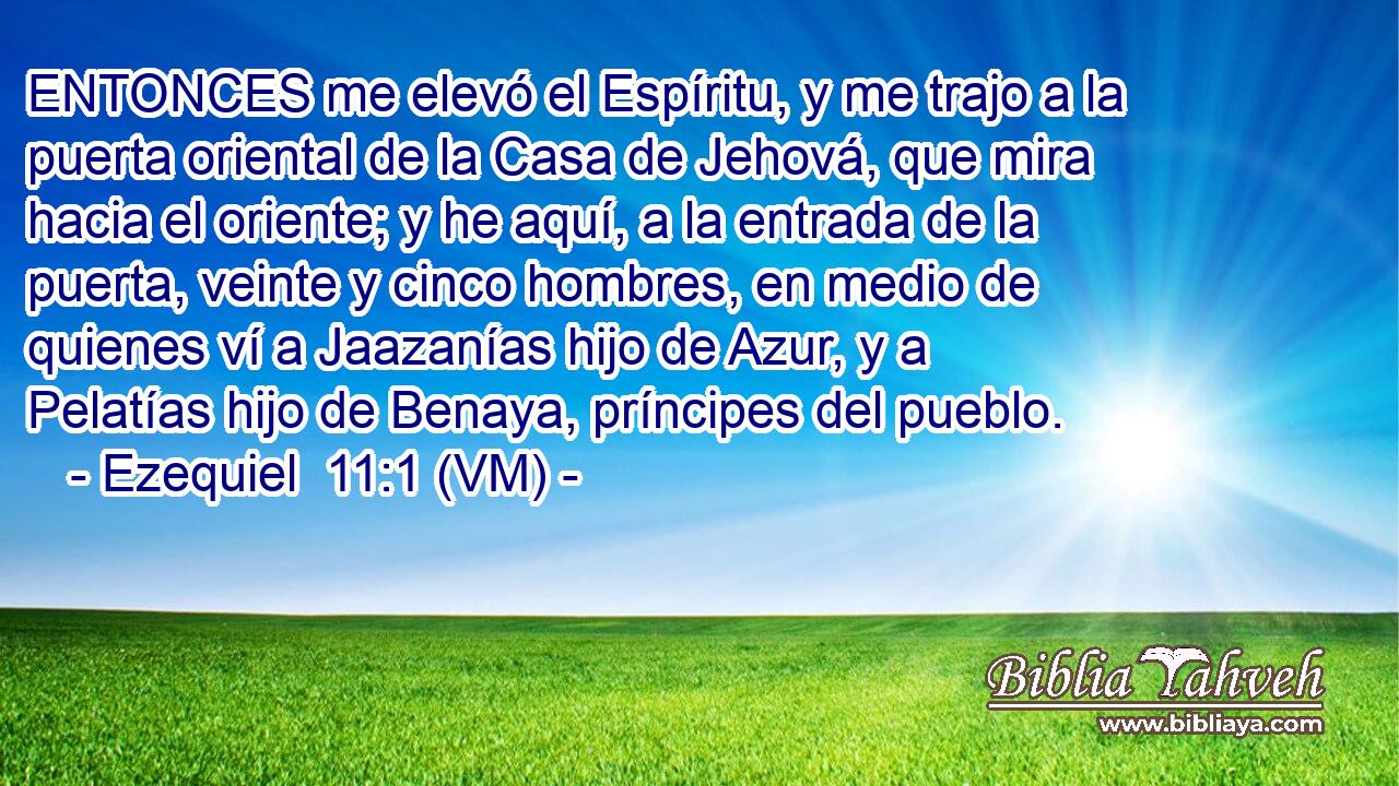  ENTONCES me elevó el Espíritu, y me trajo a la puerta oriental de la Casa de Jehová, que mira hacia el oriente; y he aquí, a la entrada de la puerta, veinte y cinco hombres, en medio de quienes ví a Jaazanías hijo de Azur, y a Pelatías hijo de Benaya, príncipes del pueblo. 