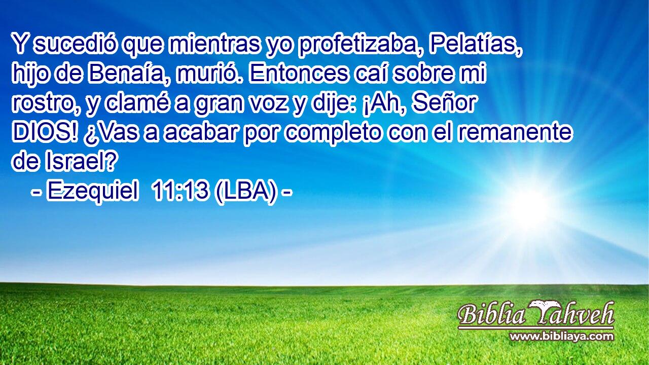 Y sucedió que mientras yo profetizaba, Pelatías, hijo de Benaía, murió. Entonces caí sobre mi rostro, y clamé a gran voz y dije: ¡Ah, Señor DIOS! ¿Vas a acabar por completo con el remanente de Israel?