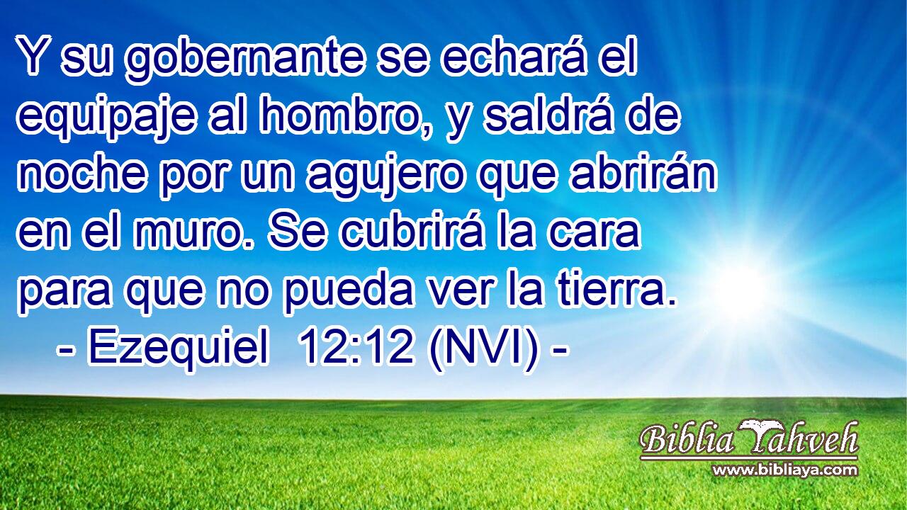  Y su gobernante se echará el equipaje al hombro, y saldrá de noche por un agujero que abrirán en el muro. Se cubrirá la cara para que no pueda ver la tierra. 