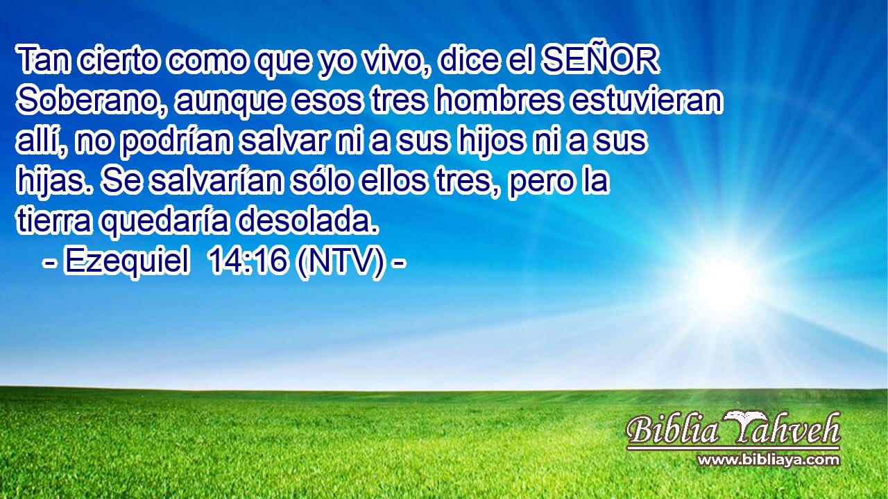 Tan cierto como que yo vivo, dice el SEÑOR Soberano, aunque esos tres hombres estuvieran allí, no podrían salvar ni a sus hijos ni a sus hijas. Se salvarían sólo ellos tres, pero la tierra quedaría desolada.