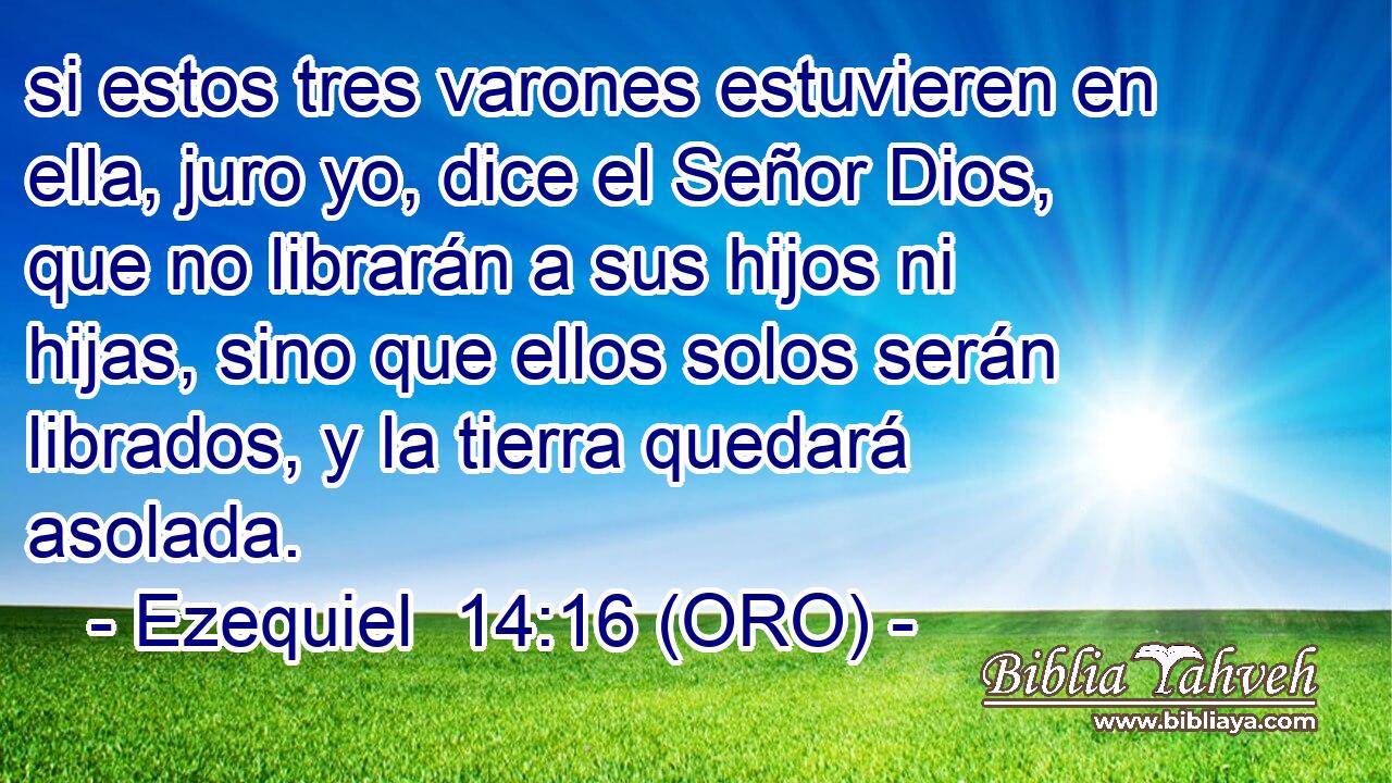 si estos tres varones estuvieren en ella, juro yo, dice el Señor Dios, que no librarán a sus hijos ni hijas, sino que ellos solos serán librados, y la tierra quedará asolada. 