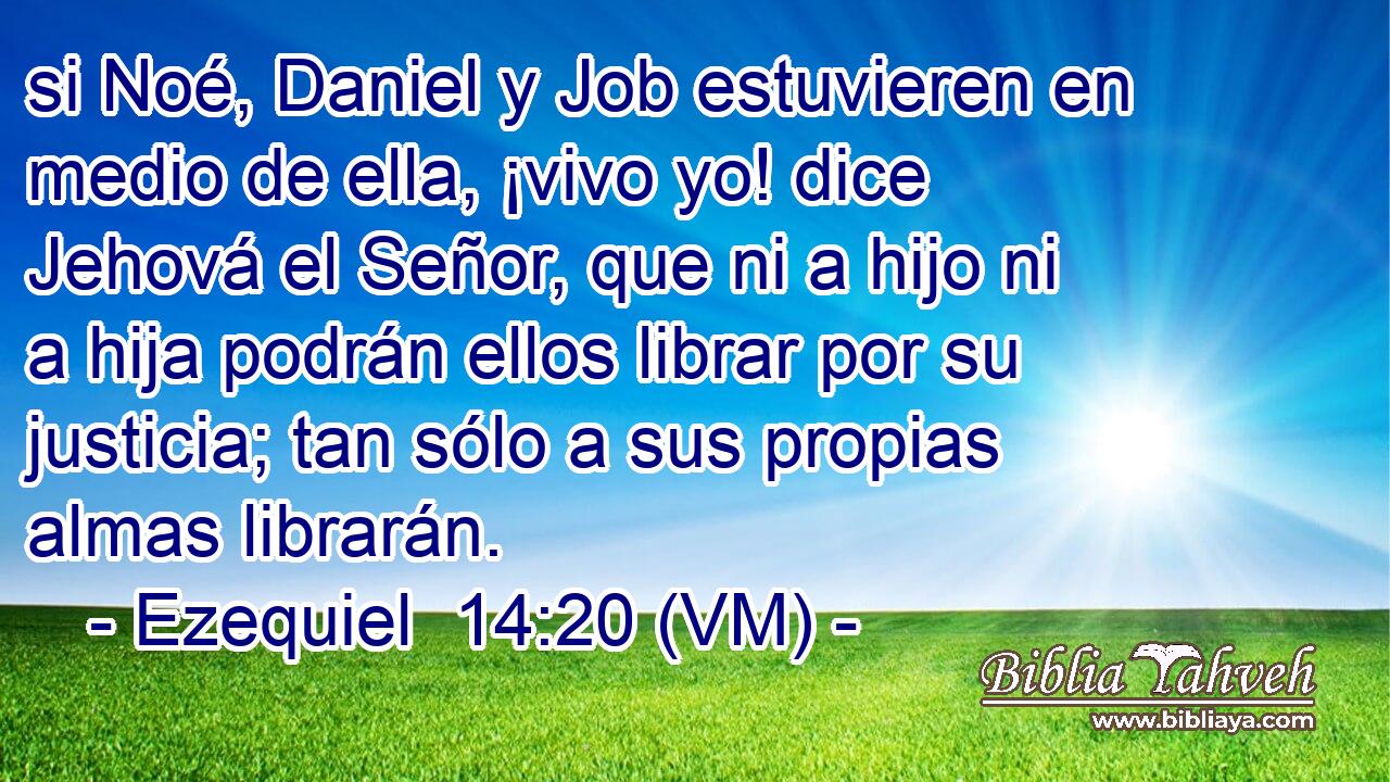  si Noé, Daniel y Job estuvieren en medio de ella, ¡vivo yo! dice Jehová el Señor, que ni a hijo ni a hija podrán ellos librar por su justicia; tan sólo a sus propias almas librarán. 