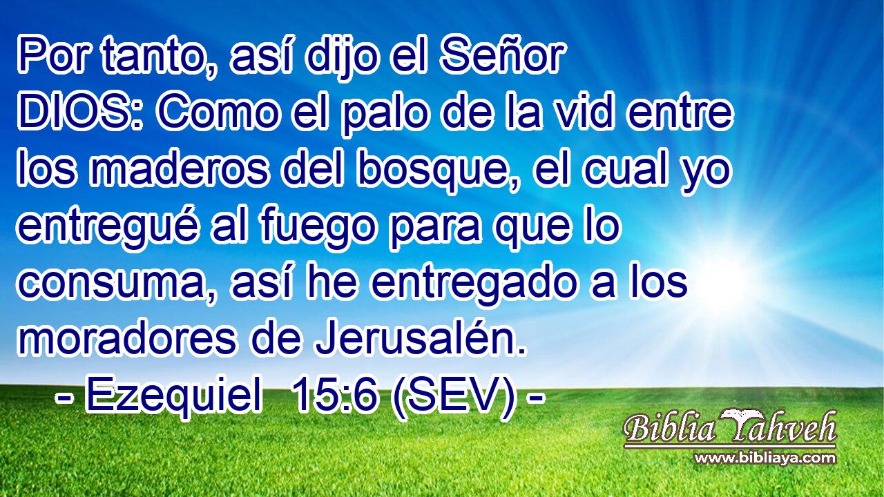 Por tanto, así dijo el Señor DIOS: Como el palo de la vid entre los maderos del bosque, el cual yo entregué al fuego para que lo consuma, así he entregado a los moradores de Jerusalén.