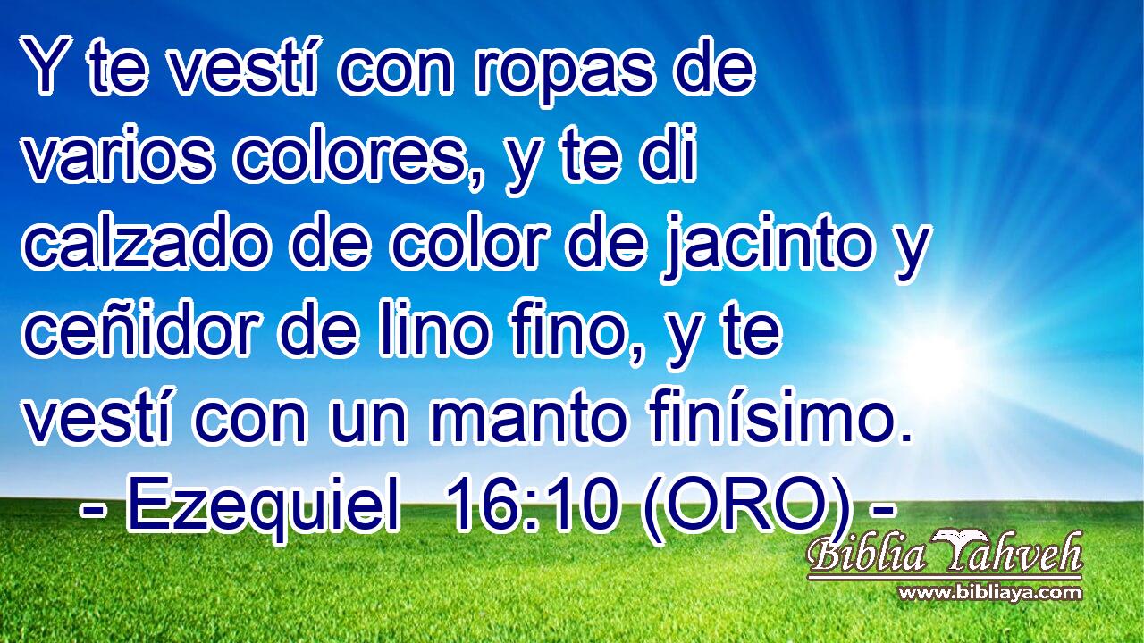  Y te vestí con ropas de varios colores, y te di calzado de color de jacinto y ceñidor de lino fino, y te vestí con un manto finísimo. 