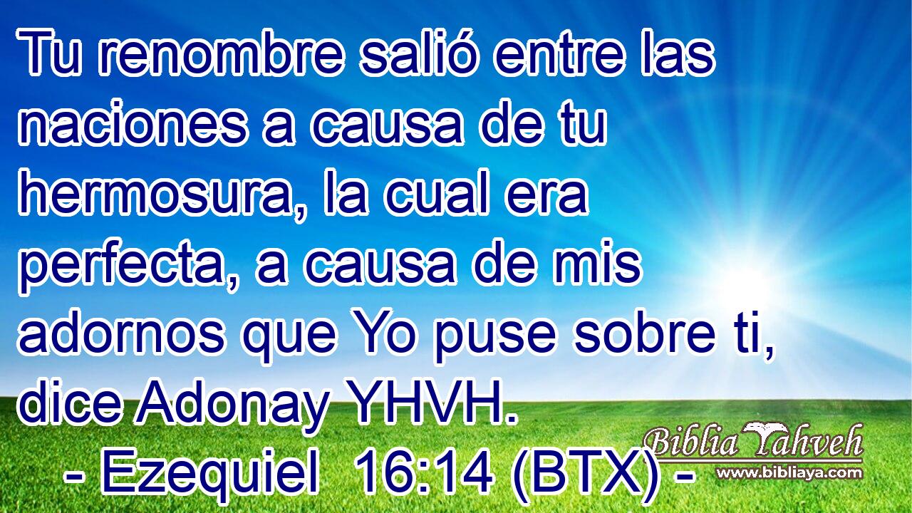 Tu renombre salió entre las naciones a causa de tu hermosura, la cual era perfecta, a causa de mis adornos que Yo puse sobre ti, dice Adonay YHVH.