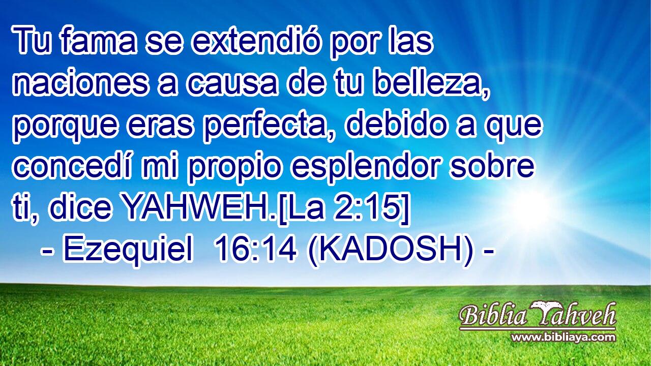  Tu fama se extendió por las naciones a causa de tu belleza, porque eras perfecta, debido a que concedí mi propio esplendor sobre ti, dice YAHWEH.[La 2:15] 