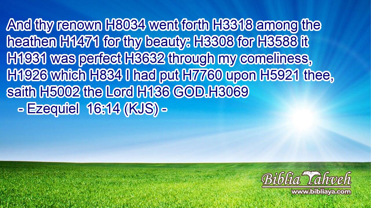 And thy renown H8034 went forth H3318 among the heathen H1471 for thy beauty: H3308 for H3588 it H1931 was perfect H3632 through my comeliness, H1926 which H834 I had put H7760 upon H5921 thee, saith H5002 the Lord H136 GOD.H3069