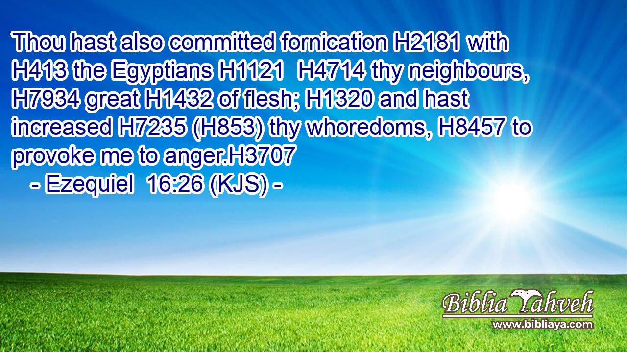 Thou hast also committed fornication H2181 with H413 the Egyptians H1121  H4714 thy neighbours, H7934 great H1432 of flesh; H1320 and hast increased H7235 (H853) thy whoredoms, H8457 to provoke me to anger.H3707