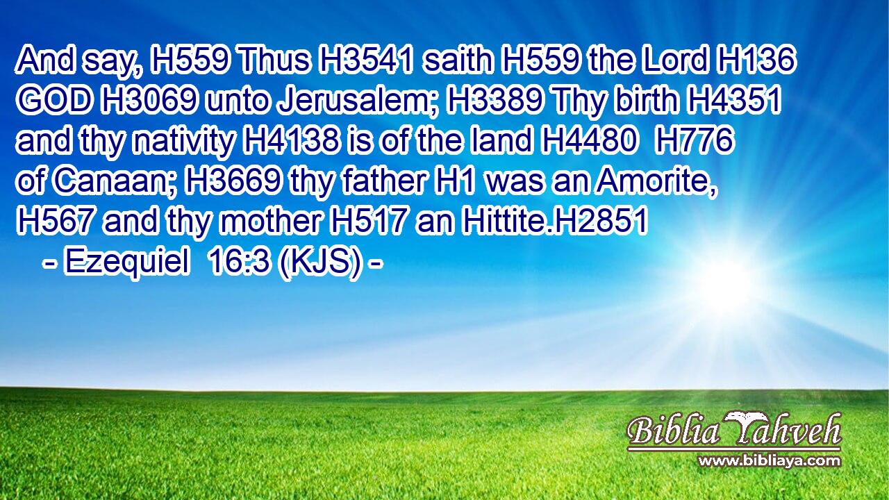 And say, H559 Thus H3541 saith H559 the Lord H136 GOD H3069 unto Jerusalem; H3389 Thy birth H4351 and thy nativity H4138 is of the land H4480  H776 of Canaan; H3669 thy father H1 was an Amorite, H567 and thy mother H517 an Hittite.H2851