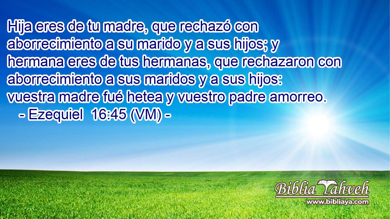  Hija eres de tu madre, que rechazó con aborrecimiento a su marido y a sus hijos; y hermana eres de tus hermanas, que rechazaron con aborrecimiento a sus maridos y a sus hijos: vuestra madre fué hetea y vuestro padre amorreo. 
