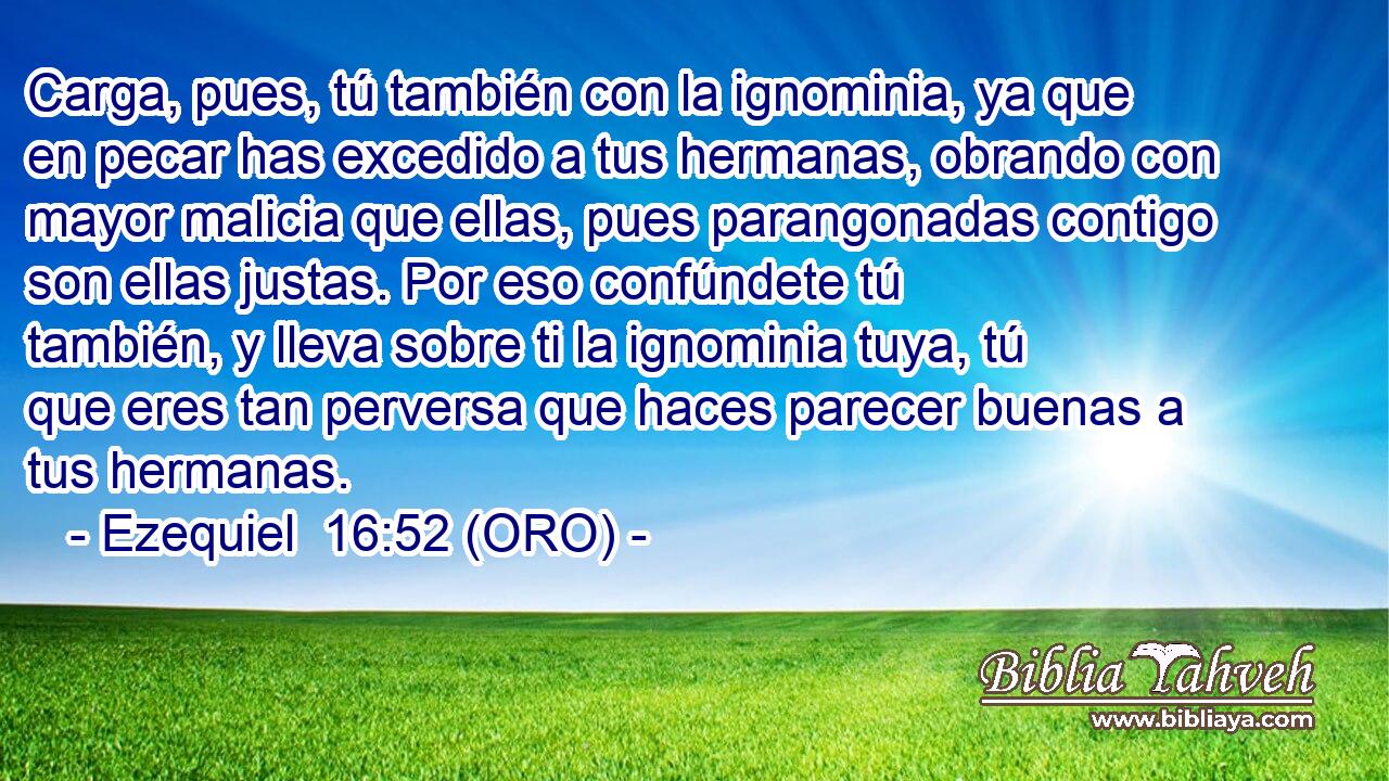  Carga, pues, tú también con la ignominia, ya que en pecar has excedido a tus hermanas, obrando con mayor malicia que ellas, pues parangonadas contigo son ellas justas. Por eso confúndete tú también, y lleva sobre ti la ignominia tuya, tú que eres tan perversa que haces parecer buenas a tus hermanas. 