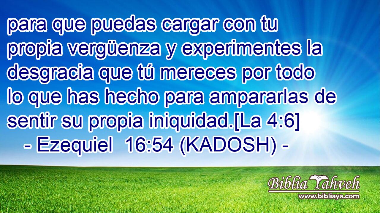  para que puedas cargar con tu propia vergüenza y experimentes la desgracia que tú mereces por todo lo que has hecho para ampararlas de sentir su propia iniquidad.[La 4:6] 