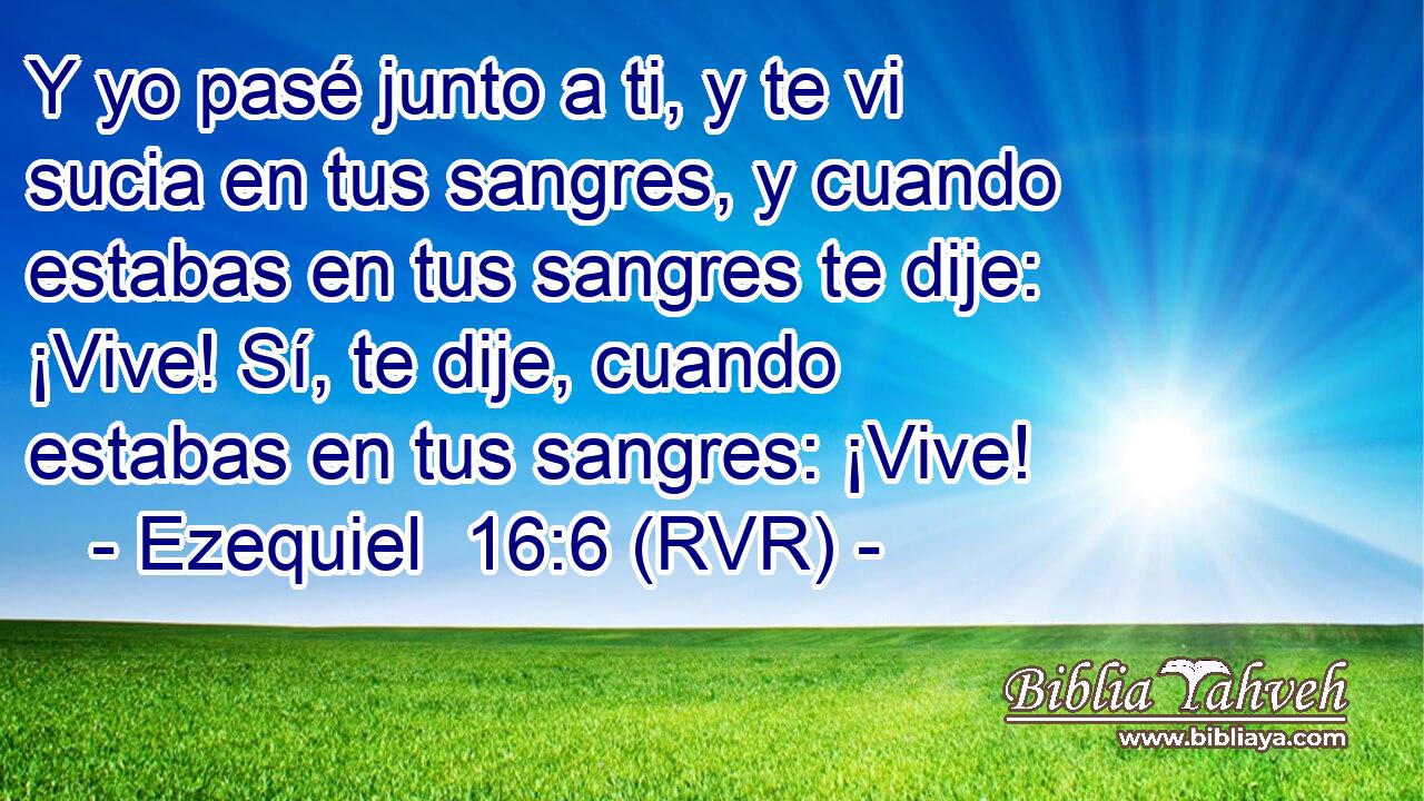 Y yo pasé junto a ti, y te vi sucia en tus sangres, y cuando estabas en tus sangres te dije: ¡Vive! Sí, te dije, cuando estabas en tus sangres: ¡Vive!