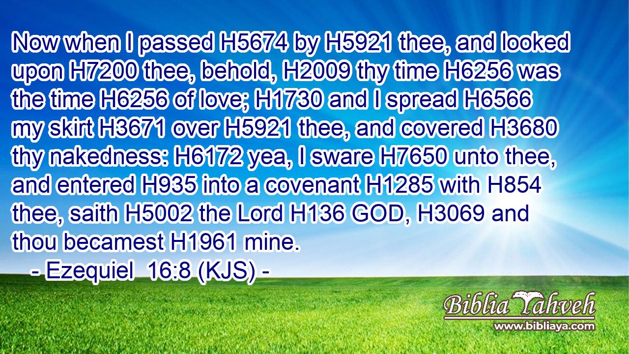 Now when I passed H5674 by H5921 thee, and looked upon H7200 thee, behold, H2009 thy time H6256 was the time H6256 of love; H1730 and I spread H6566 my skirt H3671 over H5921 thee, and covered H3680 thy nakedness: H6172 yea, I sware H7650 unto thee, and entered H935 into a covenant H1285 with H854 thee, saith H5002 the Lord H136 GOD, H3069 and thou becamest H1961 mine.