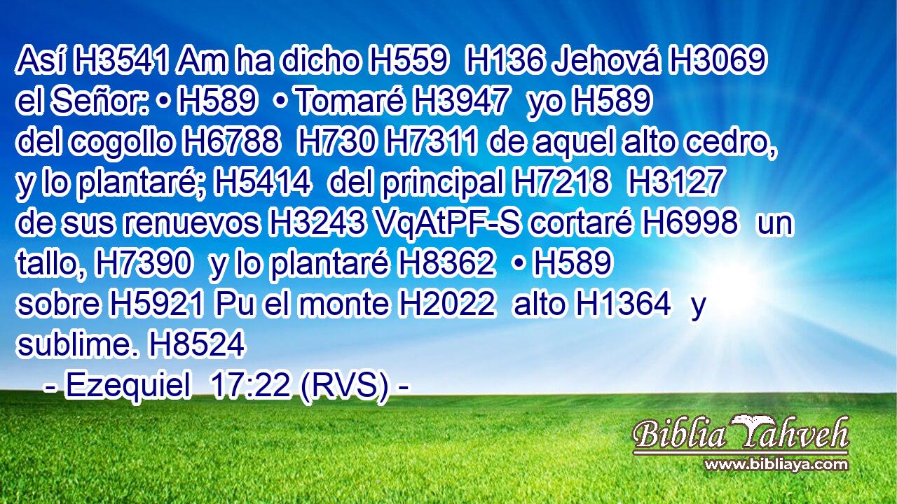 Así H3541 Am ha dicho H559  H136 Jehová H3069  el Señor: • H589  • Tomaré H3947  yo H589  del cogollo H6788  H730 H7311 de aquel alto cedro, y lo plantaré; H5414  del principal H7218  H3127 de sus renuevos H3243 VqAtPF-S cortaré H6998  un tallo, H7390  y lo plantaré H8362  • H589  sobre H5921 Pu el monte H2022  alto H1364  y sublime. H8524  