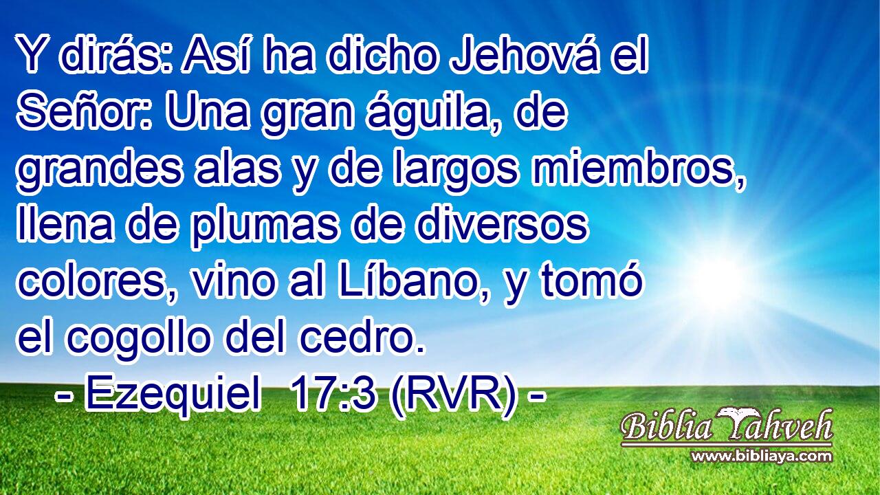 Y dirás: Así ha dicho Jehová el Señor: Una gran águila, de grandes alas y de largos miembros, llena de plumas de diversos colores, vino al Líbano, y tomó el cogollo del cedro.