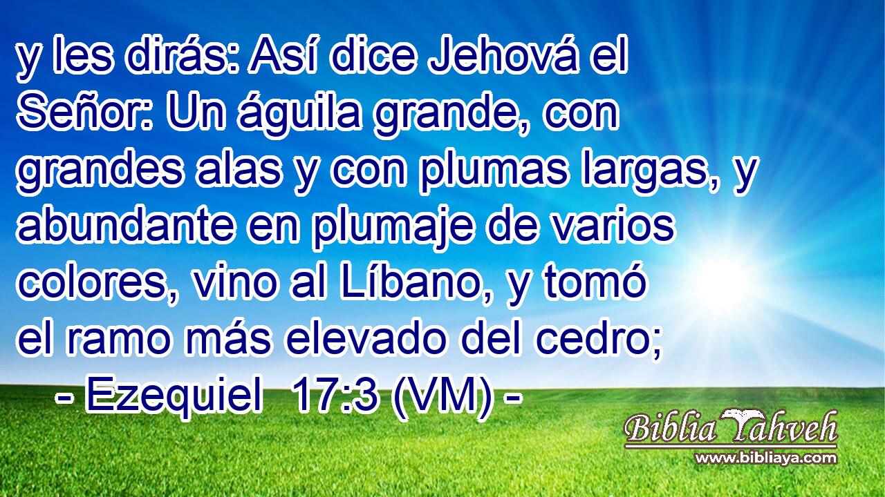  y les dirás: Así dice Jehová el Señor: Un águila grande, con grandes alas y con plumas largas, y abundante en plumaje de varios colores, vino al Líbano, y tomó el ramo más elevado del cedro; 