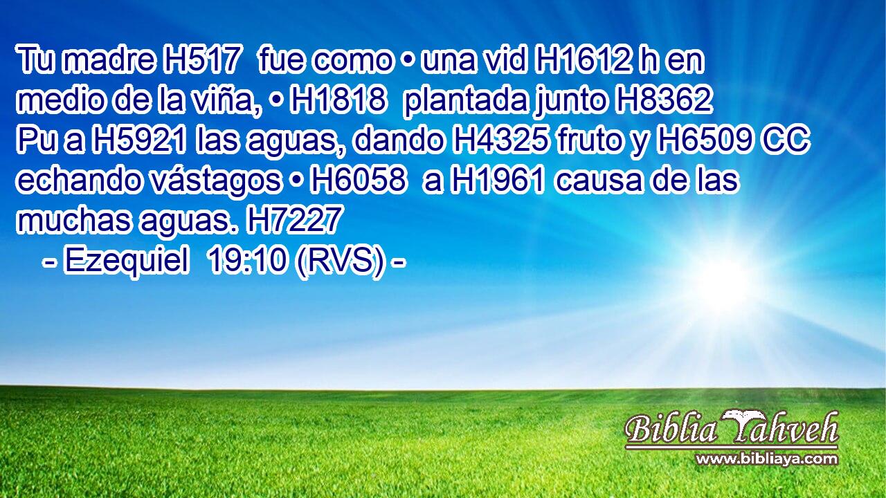 Tu madre H517  fue como • una vid H1612 h en medio de la viña, • H1818  plantada junto H8362 Pu a H5921 las aguas, dando H4325 fruto y H6509 CC echando vástagos • H6058  a H1961 causa de las muchas aguas. H7227  