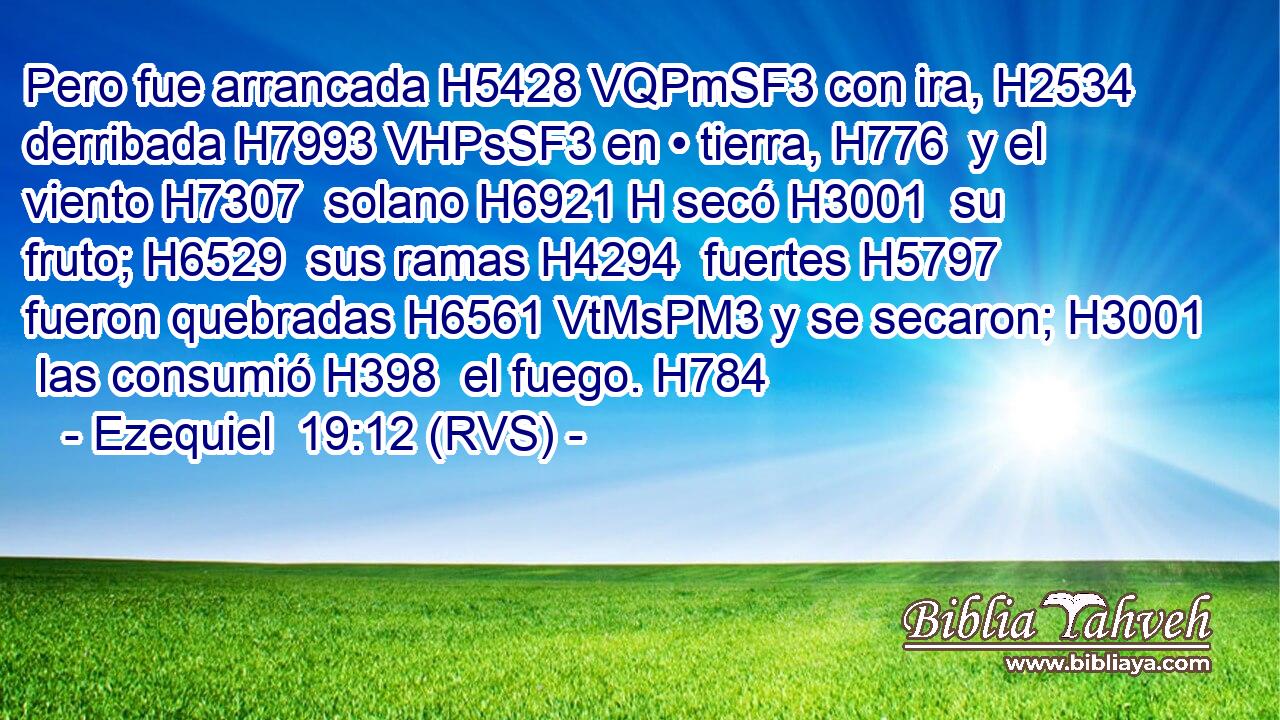 Pero fue arrancada H5428 VQPmSF3 con ira, H2534  derribada H7993 VHPsSF3 en • tierra, H776  y el viento H7307  solano H6921 H secó H3001  su fruto; H6529  sus ramas H4294  fuertes H5797  fueron quebradas H6561 VtMsPM3 y se secaron; H3001  las consumió H398  el fuego. H784  