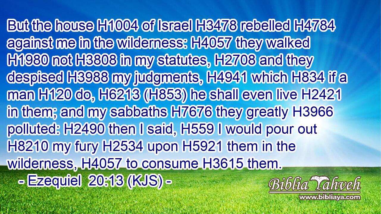 But the house H1004 of Israel H3478 rebelled H4784 against me in the wilderness: H4057 they walked H1980 not H3808 in my statutes, H2708 and they despised H3988 my judgments, H4941 which H834 if a man H120 do, H6213 (H853) he shall even live H2421 in them; and my sabbaths H7676 they greatly H3966 polluted: H2490 then I said, H559 I would pour out H8210 my fury H2534 upon H5921 them in the wilderness, H4057 to consume H3615 them.
