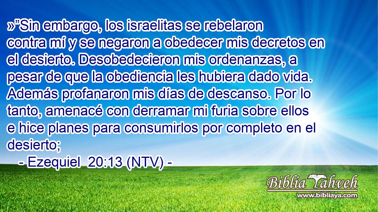 »”Sin embargo, los israelitas se rebelaron contra mí y se negaron a obedecer mis decretos en el desierto. Desobedecieron mis ordenanzas, a pesar de que la obediencia les hubiera dado vida. Además profanaron mis días de descanso. Por lo tanto, amenacé con derramar mi furia sobre ellos e hice planes para consumirlos por completo en el desierto;
