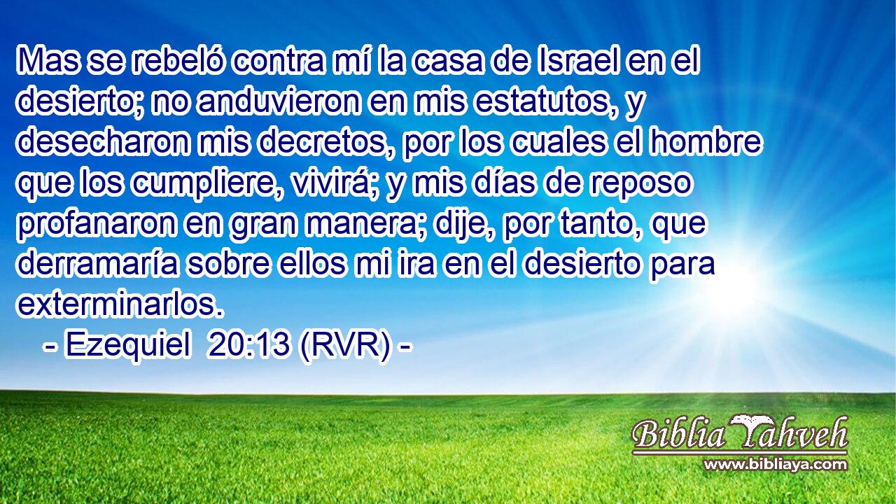 Mas se rebeló contra mí la casa de Israel en el desierto; no anduvieron en mis estatutos, y desecharon mis decretos, por los cuales el hombre que los cumpliere, vivirá; y mis días de reposo profanaron en gran manera; dije, por tanto, que derramaría sobre ellos mi ira en el desierto para exterminarlos.