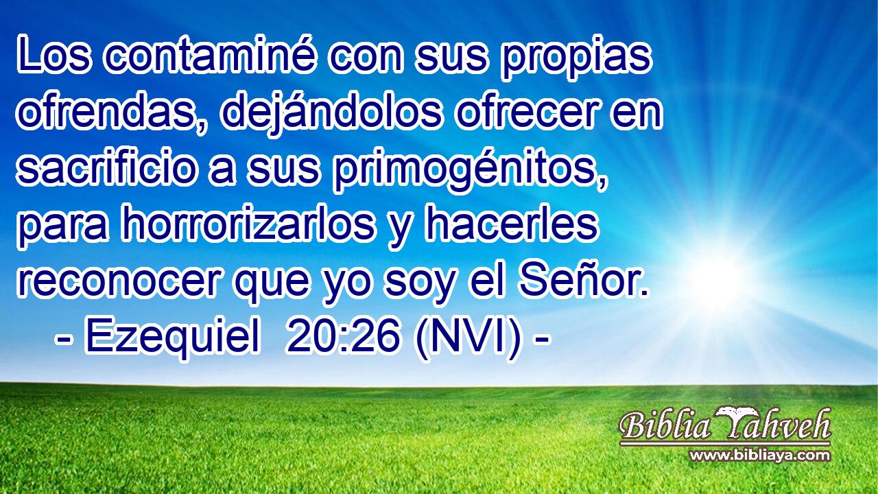  Los contaminé con sus propias ofrendas, dejándolos ofrecer en sacrificio a sus primogénitos, para horrorizarlos y hacerles reconocer que yo soy el Señor. 