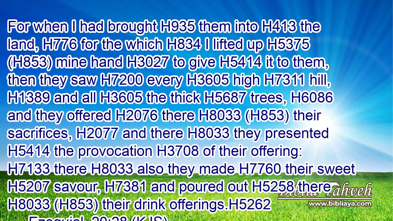 For when I had brought H935 them into H413 the land, H776 for the which H834 I lifted up H5375 (H853) mine hand H3027 to give H5414 it to them, then they saw H7200 every H3605 high H7311 hill, H1389 and all H3605 the thick H5687 trees, H6086 and they offered H2076 there H8033 (H853) their sacrifices, H2077 and there H8033 they presented H5414 the provocation H3708 of their offering: H7133 there H8033 also they made H7760 their sweet H5207 savour, H7381 and poured out H5258 there H8033 (H853) their drink offerings.H5262