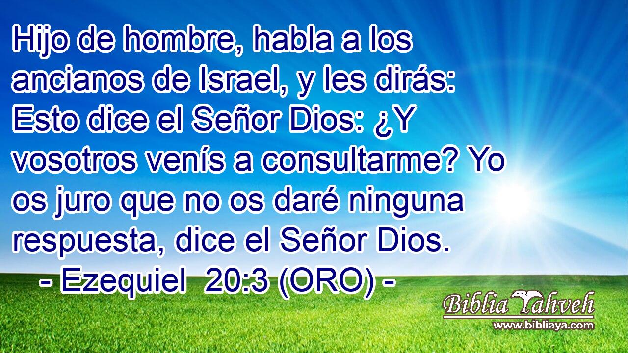 Hijo de hombre, habla a los ancianos de Israel, y les dirás: Esto dice el Señor Dios: ¿Y vosotros venís a consultarme? Yo os juro que no os daré ninguna respuesta, dice el Señor Dios. 