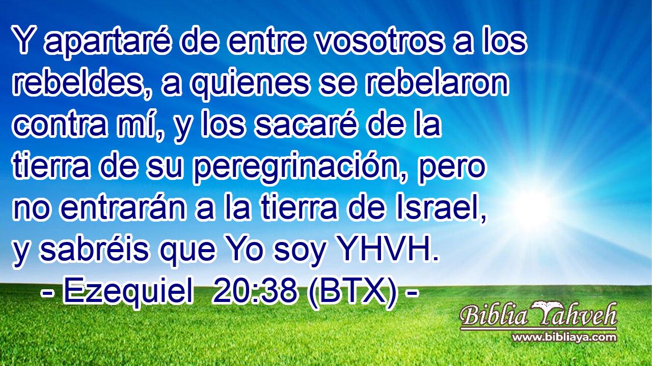 Y apartaré de entre vosotros a los rebeldes, a quienes se rebelaron contra mí, y los sacaré de la tierra de su peregrinación, pero no entrarán a la tierra de Israel, y sabréis que Yo soy YHVH.