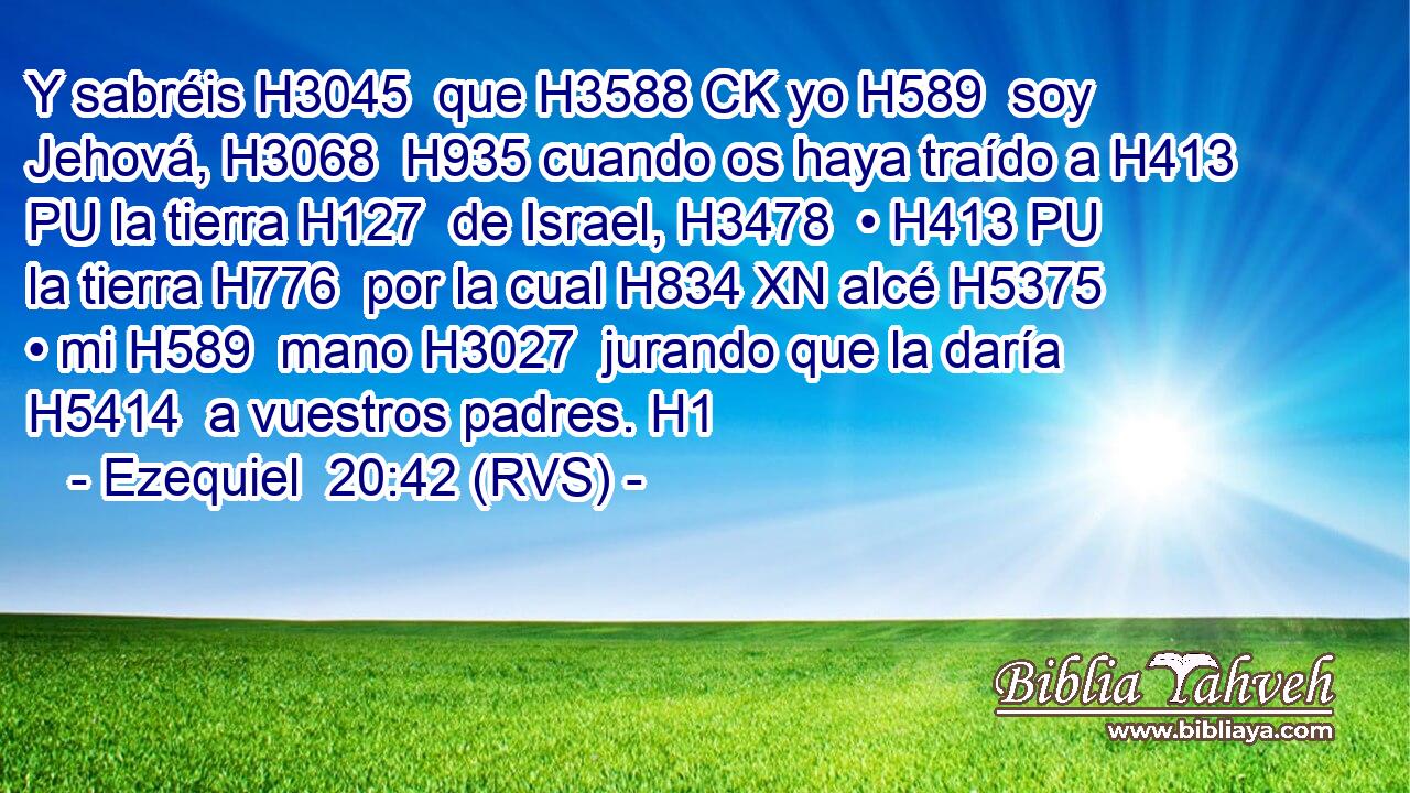 Y sabréis H3045  que H3588 CK yo H589  soy Jehová, H3068  H935 cuando os haya traído a H413 PU la tierra H127  de Israel, H3478  • H413 PU la tierra H776  por la cual H834 XN alcé H5375  • mi H589  mano H3027  jurando que la daría H5414  a vuestros padres. H1  