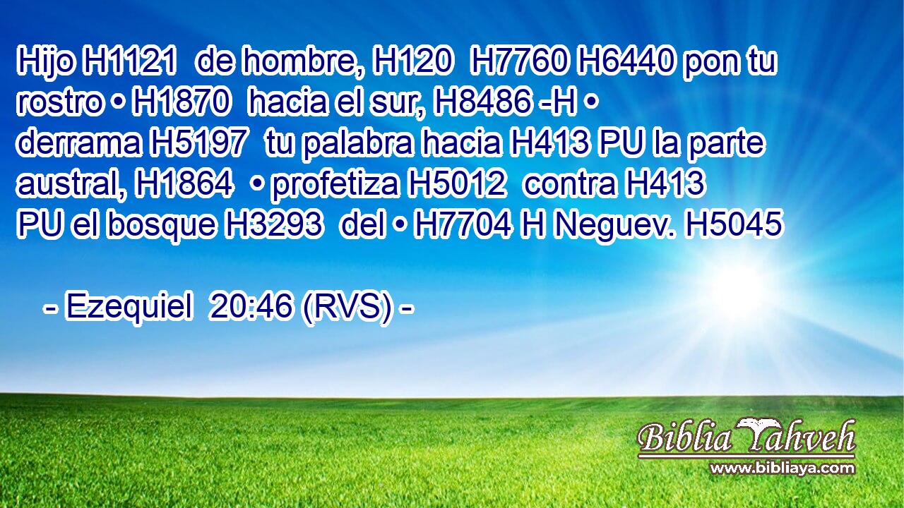 Hijo H1121  de hombre, H120  H7760 H6440 pon tu rostro • H1870  hacia el sur, H8486 -H • derrama H5197  tu palabra hacia H413 PU la parte austral, H1864  • profetiza H5012  contra H413 PU el bosque H3293  del • H7704 H Neguev. H5045  