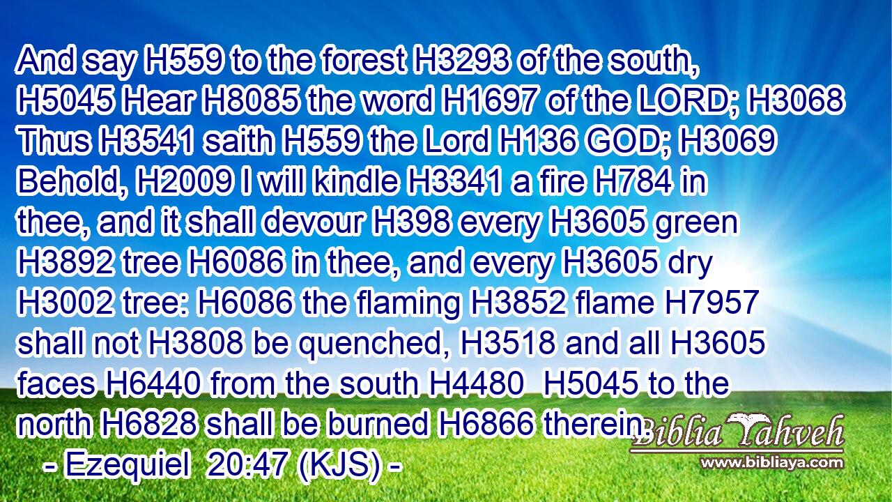And say H559 to the forest H3293 of the south, H5045 Hear H8085 the word H1697 of the LORD; H3068 Thus H3541 saith H559 the Lord H136 GOD; H3069 Behold, H2009 I will kindle H3341 a fire H784 in thee, and it shall devour H398 every H3605 green H3892 tree H6086 in thee, and every H3605 dry H3002 tree: H6086 the flaming H3852 flame H7957 shall not H3808 be quenched, H3518 and all H3605 faces H6440 from the south H4480  H5045 to the north H6828 shall be burned H6866 therein.