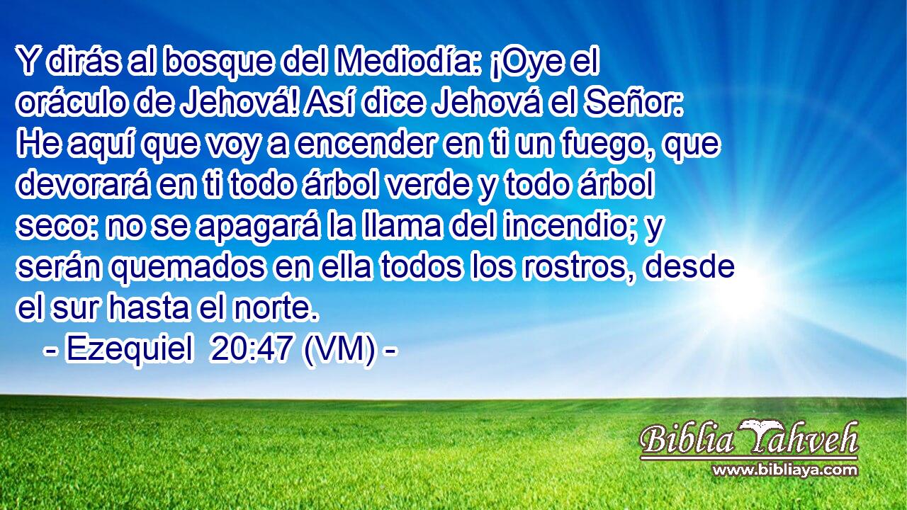  Y dirás al bosque del Mediodía: ¡Oye el oráculo de Jehová! Así dice Jehová el Señor: He aquí que voy a encender en ti un fuego, que devorará en ti todo árbol verde y todo árbol seco: no se apagará la llama del incendio; y serán quemados en ella todos los rostros, desde el sur hasta el norte. 