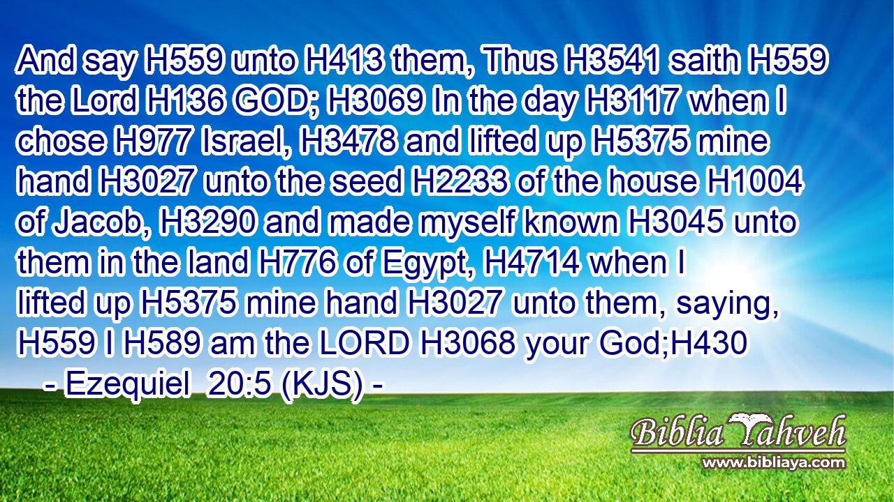 And say H559 unto H413 them, Thus H3541 saith H559 the Lord H136 GOD; H3069 In the day H3117 when I chose H977 Israel, H3478 and lifted up H5375 mine hand H3027 unto the seed H2233 of the house H1004 of Jacob, H3290 and made myself known H3045 unto them in the land H776 of Egypt, H4714 when I lifted up H5375 mine hand H3027 unto them, saying, H559 I H589 am the LORD H3068 your God;H430