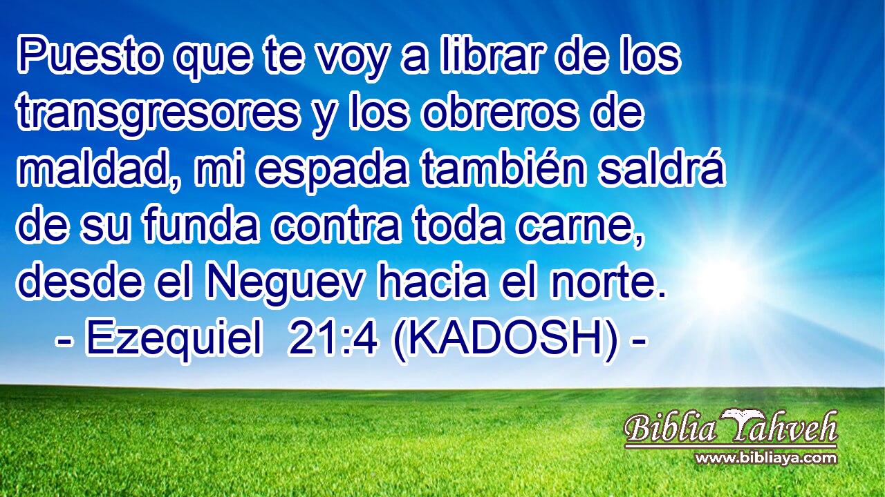  Puesto que te voy a librar de los transgresores y los obreros de maldad, mi espada también saldrá de su funda contra toda carne, desde el Neguev hacia el norte. 