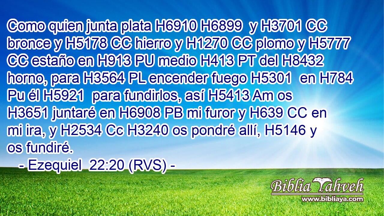 Como quien junta plata H6910 H6899  y H3701 CC bronce y H5178 CC hierro y H1270 CC plomo y H5777 CC estaño en H913 PU medio H413 PT del H8432 horno, para H3564 PL encender fuego H5301  en H784 Pu él H5921  para fundirlos, así H5413 Am os H3651 juntaré en H6908 PB mi furor y H639 CC en mi ira, y H2534 Cc H3240 os pondré allí, H5146 y os fundiré. 