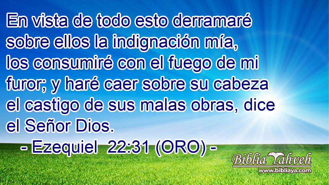 En vista de todo esto derramaré sobre ellos la indignación mía, los consumiré con el fuego de mi furor; y haré caer sobre su cabeza el castigo de sus malas obras, dice el Señor Dios. 