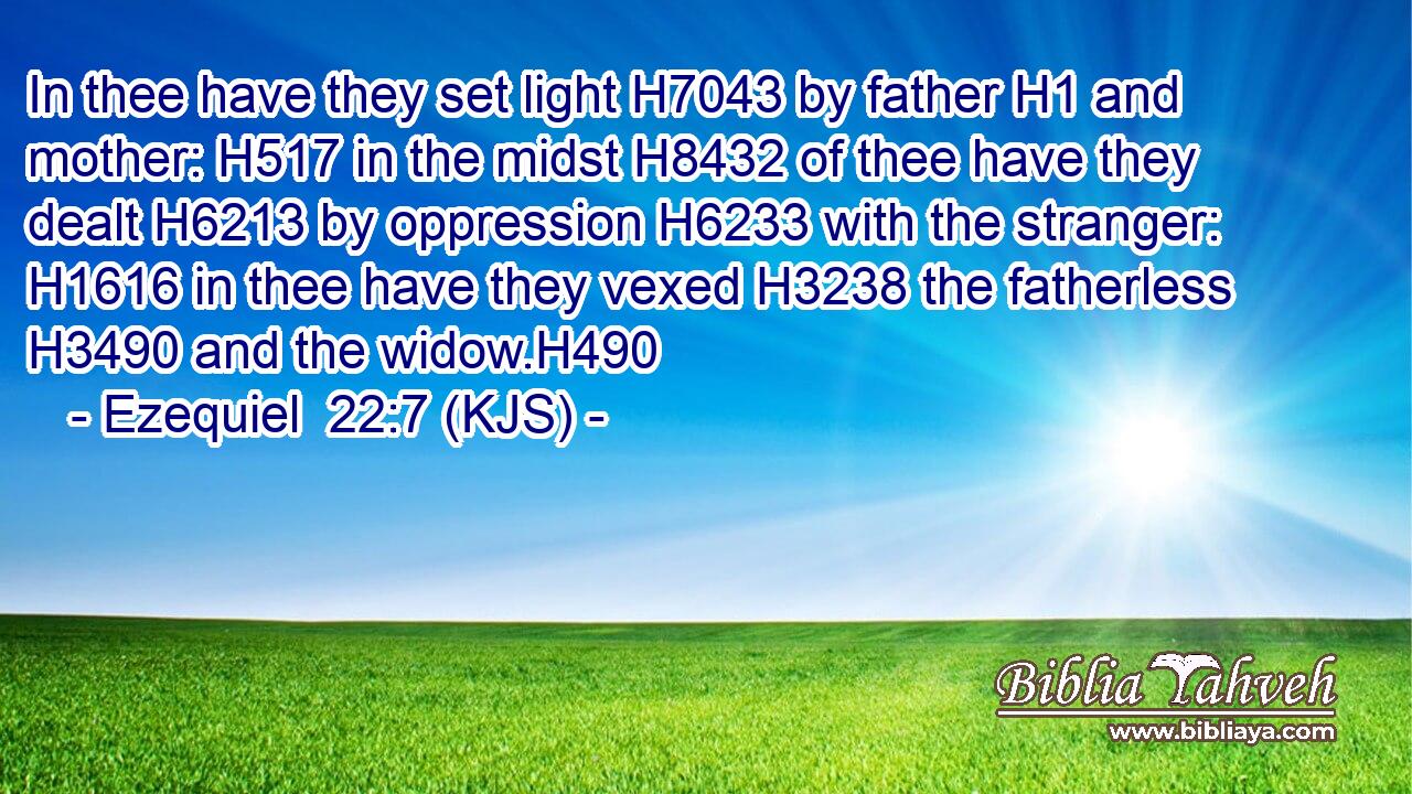 In thee have they set light H7043 by father H1 and mother: H517 in the midst H8432 of thee have they dealt H6213 by oppression H6233 with the stranger: H1616 in thee have they vexed H3238 the fatherless H3490 and the widow.H490