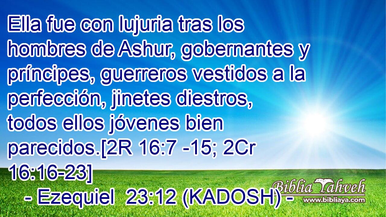  Ella fue con lujuria tras los hombres de Ashur, gobernantes y príncipes, guerreros vestidos a la perfección, jinetes diestros, todos ellos jóvenes bien parecidos.[2R 16:7 -15; 2Cr 16:16-23] 
