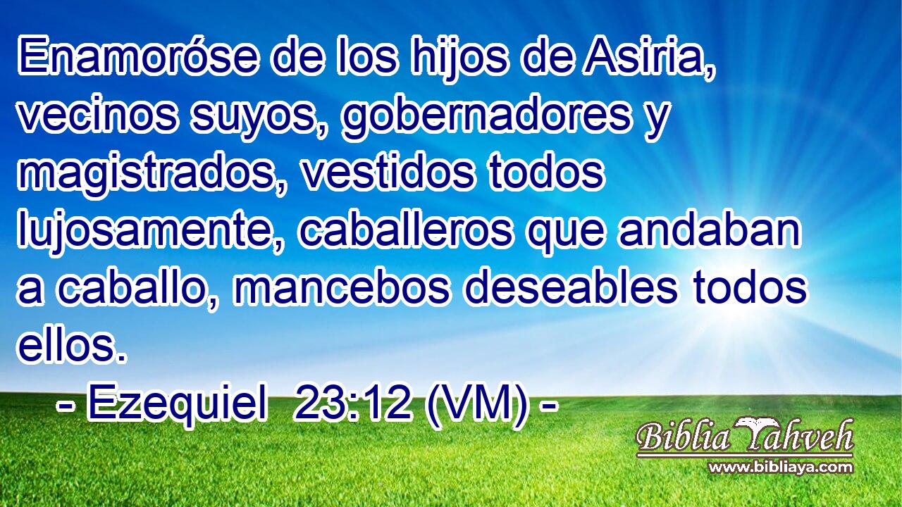  Enamoróse de los hijos de Asiria, vecinos suyos, gobernadores y magistrados, vestidos todos lujosamente, caballeros que andaban a caballo, mancebos deseables todos ellos. 