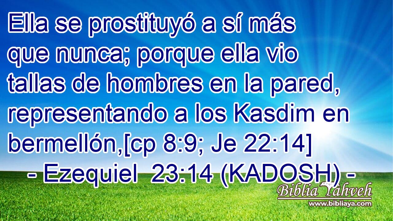  Ella se prostituyó a sí más que nunca; porque ella vio tallas de hombres en la pared, representando a los Kasdim en bermellón,[cp 8:9; Je 22:14] 
