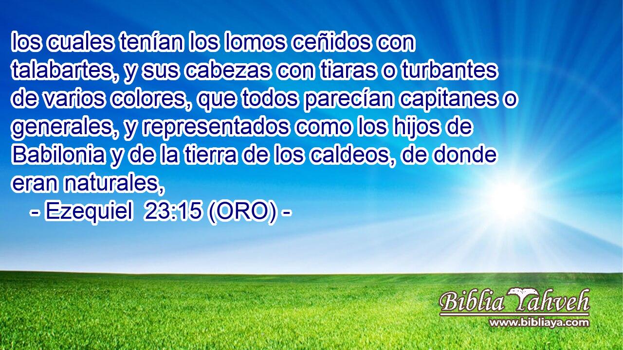  los cuales tenían los lomos ceñidos con talabartes, y sus cabezas con tiaras o turbantes de varios colores, que todos parecían capitanes o generales, y representados como los hijos de Babilonia y de la tierra de los caldeos, de donde eran naturales, 