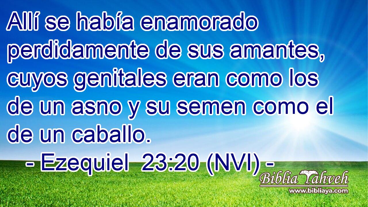  Allí se había enamorado perdidamente de sus amantes, cuyos genitales eran como los de un asno y su semen como el de un caballo. 