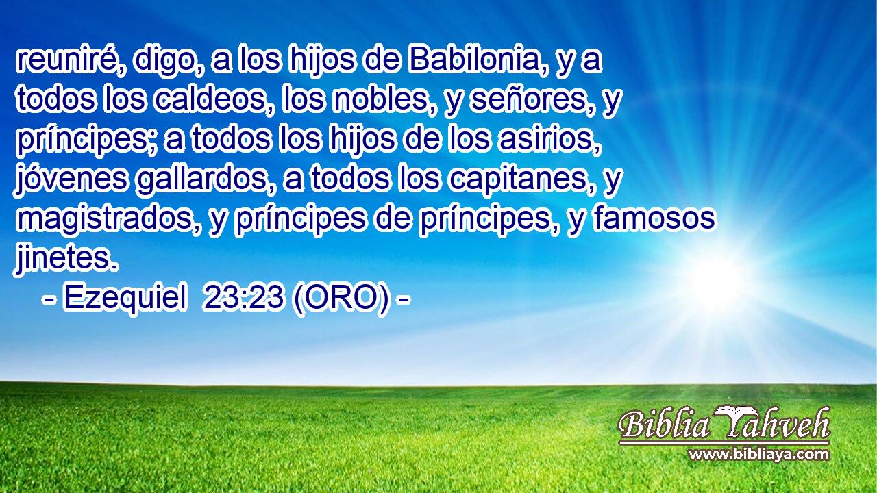  reuniré, digo, a los hijos de Babilonia, y a todos los caldeos, los nobles, y señores, y príncipes; a todos los hijos de los asirios, jóvenes gallardos, a todos los capitanes, y magistrados, y príncipes de príncipes, y famosos jinetes. 